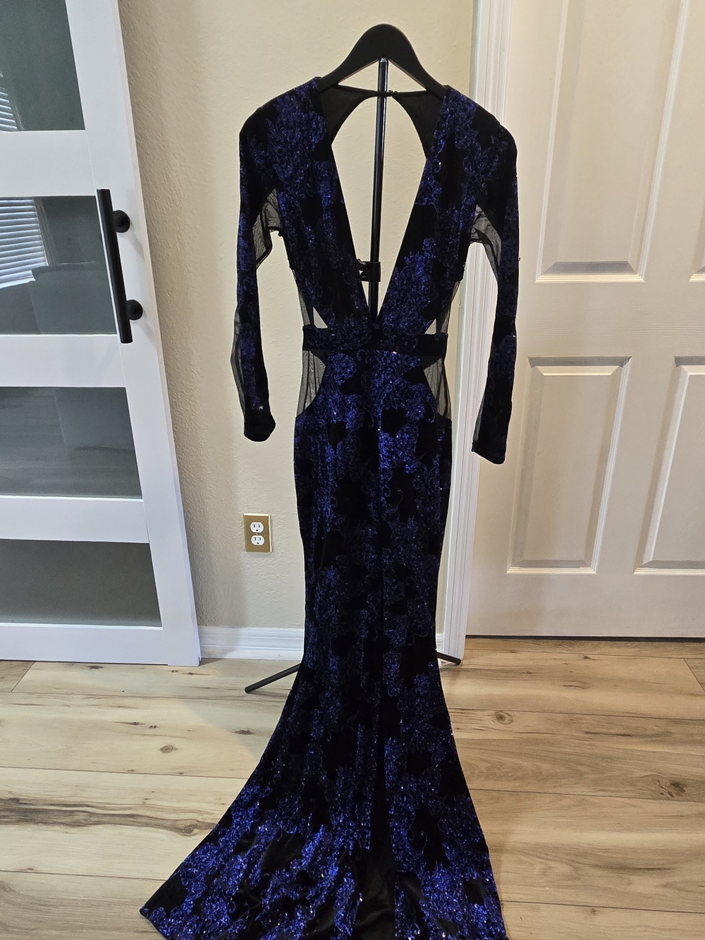 Elegant Deep Blue Velvet Evening Gown with Sheer Insets